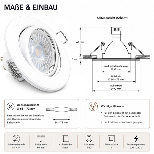 LED Einbaustrahler Alina / 3W GU10 / Warmweiß 3000K / Schwenkbar