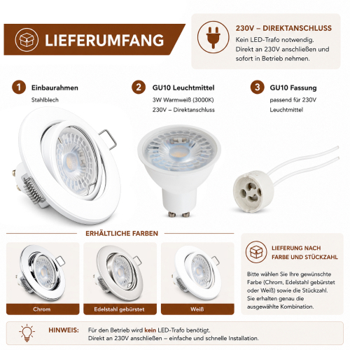 LED Einbaustrahler Alina / 3W GU10 / Warmweiß 3000K / Schwenkbar